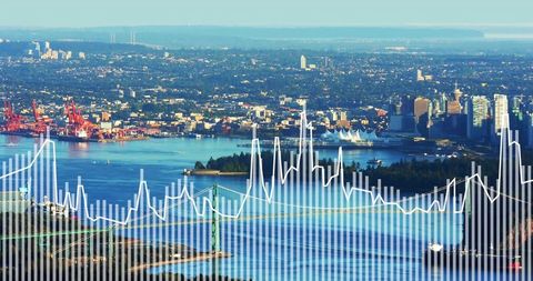 Displaying aerial live maritime data overlay over city harbor and suspension bridge