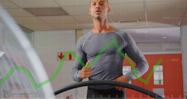 Man jogging on treadmill in gym with digital fitness data chart overlay. Useful for illustrating modern fitness routines, health tracking apps, gym promotions, and fitness technology articles.