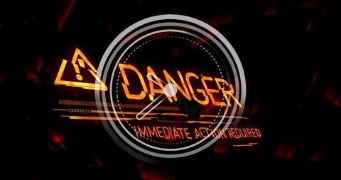 Urgent danger warning with digital clock overlay