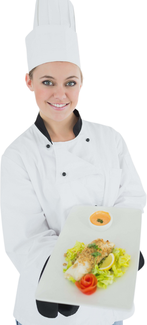 Transparent Portrait of Young Female Chef in Uniform Offering Prepared Dish - Download Free Stock Videos Pikwizard.com