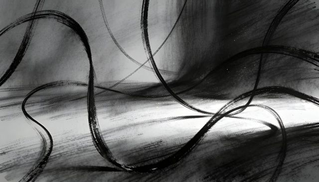Monochrome charcoal ribbons flowing across textured paper abstract minimalist composition