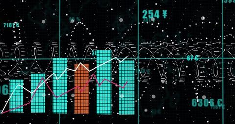 Interactive Financial Dashboard Visualizing Bar Charts and Line Trends on Futuristic Grid