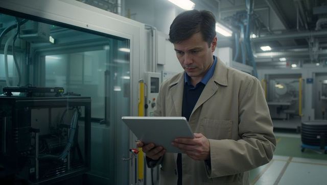 Manufacturing technician inspecting tablet beside automated machine on production floor