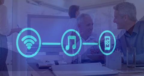 Business meeting with digital network overlay