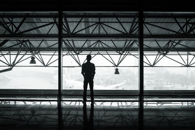 Person stands in silhouette looking out of large window at an airport terminal. Plane visible on tarmac. Large ceiling structure hangs overhead. Ideal for themes of travel, anticipation, business trips, and modern architecture.