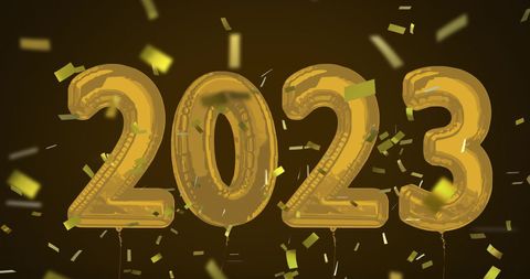 Golden 2023 Balloons with Falling Confetti on Dark Background - Download Free Stock Images Pikwizard.com