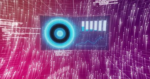 Futuristic holographic data dashboard with cyan ring and line graph in neon grid field