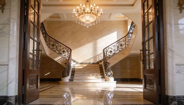 Opulent curved double staircase viewed through open wooden doors with crystal chandelier