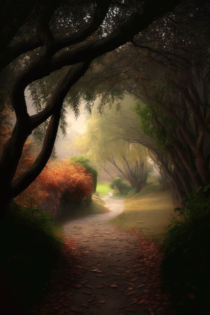 Tranquil autumn forest path surrounded by misty trees with colorful foliage. Perfect for nature enthusiasts, meditative scenes, background images for inspirational quotes, or seasonal-themed designs emphasizing calmness and beauty of the outdoors.