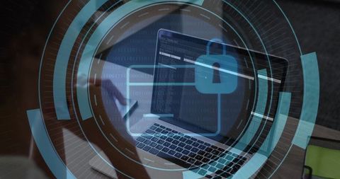 Laptop coding with digital padlock HUD overlay representing encryption and cybersecurity