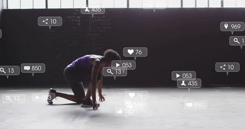 Female sprinter launching from starting pose with floating social media engagement icons