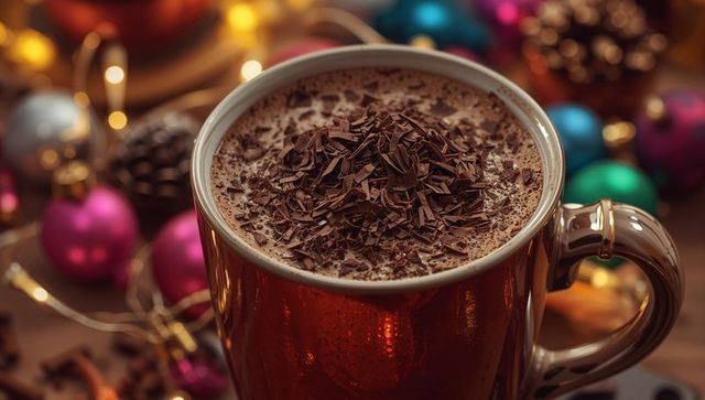 Cozy Hot Cocoa in Red Mug Surrounded by Festive Holiday Decor