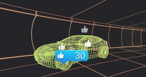 Neon wireframe car cruising through futuristic grid tunnel with floating 30 likes bubble