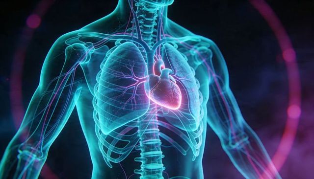 Glowing human torso 3d render showing transparent lungs heart vessels medical education