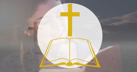 Caucasian Woman Reading Bible with Religious Symbols Overlay