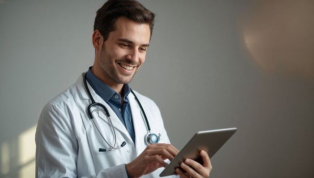 Smiling Male Doctor Using Tablet in Modern Clinic