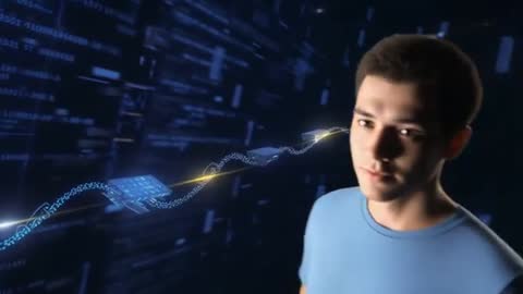 Young man interacting with holographic data ribbon in futuristic cyber studio video