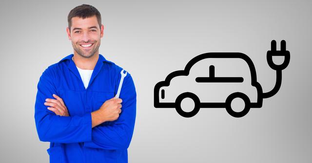 Digital composition of happy car mechanic holding wrench and drawn car shape in background