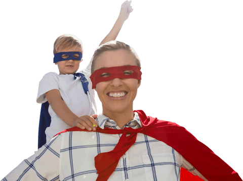 Transparent Joyful Mother and Son in Superhero Costumes