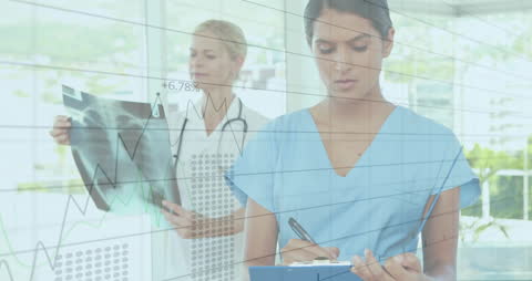 Medical Professionals Analyzing X-Rays with Digital Data Overlay