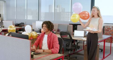 Office Birthday Celebration with Happy Colleagues and Decorations