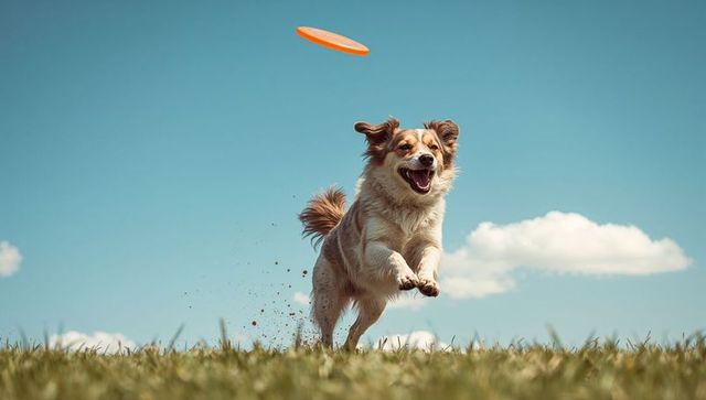 Happy tricolor dog leaping to catch orange frisbee in sunny grassy park