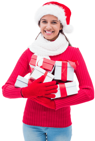 Festive Woman with Santa Hat Holding Gifts on Transparent Background