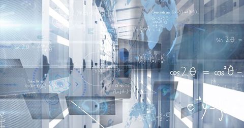 Futuristic Data Center with Holographic Diagrams and Equations
