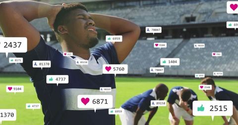 Rugby Player on Field Surrounding with Social Media Engagement