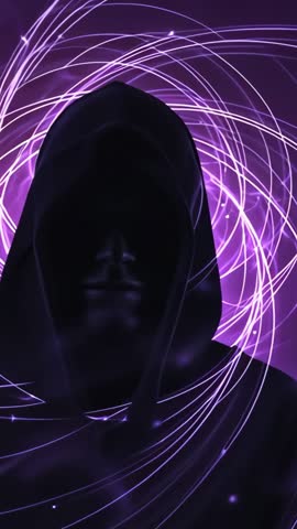 Hooded Figure Channeling Purple Energy Vortex in Vertical Loop — Mystic Futuristic Visual