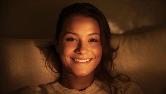 Smiling woman reclining on sofa under warm golden glow, cozy intimate closeup portrait