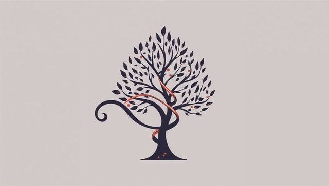 Stylized navy tree wrapping ribbon, dotted with orange berries on pale beige backdrop