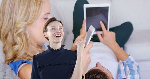 Cheerful Businesswoman with Digital Signup Interface Concept