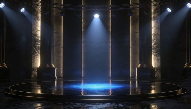 Glowing Circular Stage Reflecting Blue Spotlight Pool in Grand Neoclassical Columned Hall