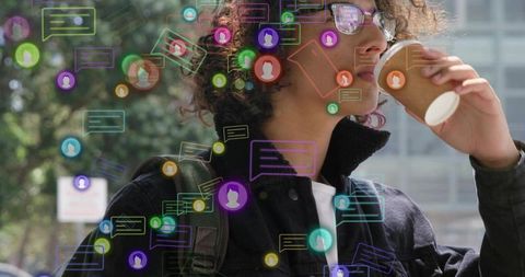 Urban commuter sipping coffee with floating chat icons conveying social networking