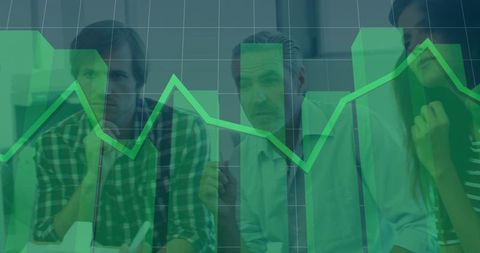 Business Team Analyzing Chart Data with Statistic Overlay
