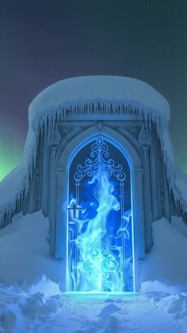Mystical Blue Flame Gate Rising from Snow Under Aurora Night Sky Vertical Fantasy Video