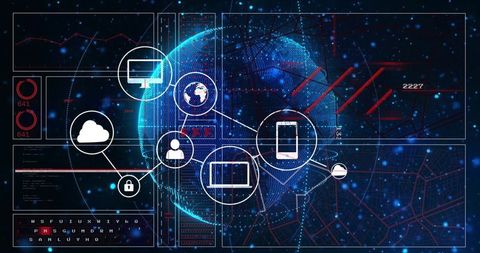 Glowing Wireframe Globe Connecting IoT Devices Visualizing Cybersecurity Network Analytics