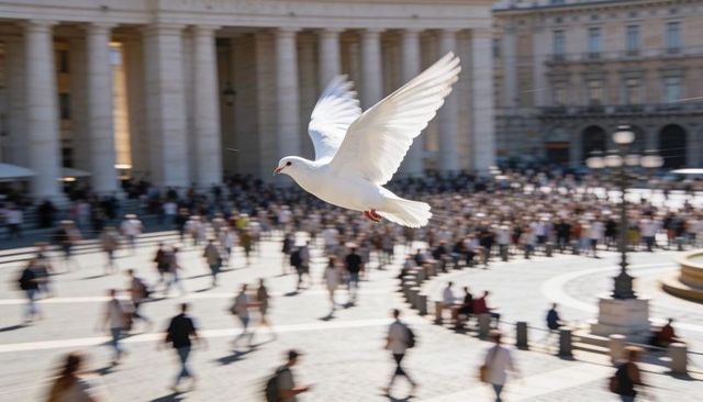 Soaring white dove over sunlit square with classical colonnade, fountain and blurred crowd