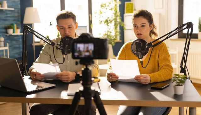 Recording duo hosting cozy home podcast with microphones, camera and scripts