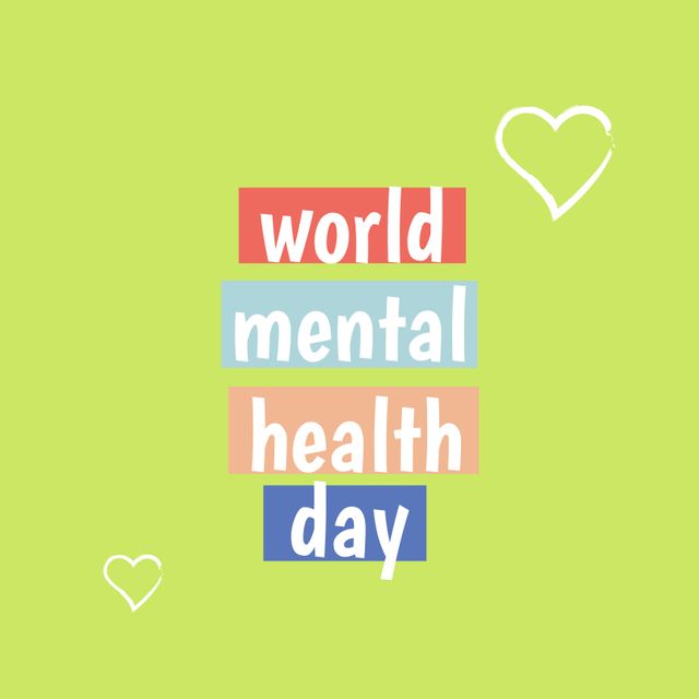 Composition of world mental health day text with heart icons on green background. Mental health day and celebration concept digitally generated image.