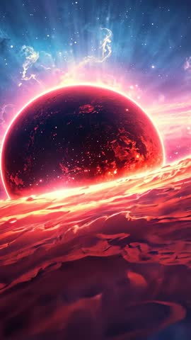 Rising Molten Planet Over Red Dune Horizon with Expanding Corona and Nebula Glow