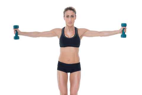 Athletic blonde bodybuilder with dumbbells on transparent background