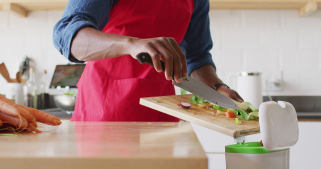 Person Wearing Red Apron Chopping Vegetables in Kitchen - Download Free Stock Images Pikwizard.com