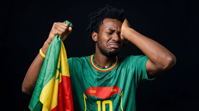 Senegal supporter holding flag pressing face wearing green number 10 jersey showing heartbreak