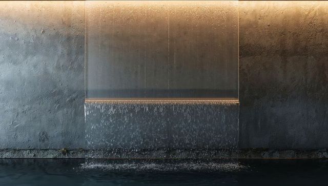 Rectangular water curtain flowing into reflecting pool, textured concrete wall, warm glow