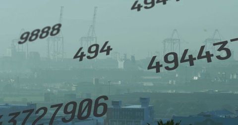 Harbor with crane overlays and numeric graphics in foggy environment