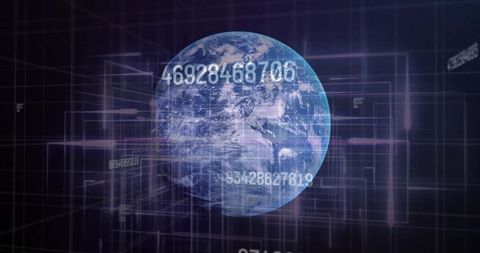 Global data nexus rotating earth with floating numeric streams and futuristic holographic grid