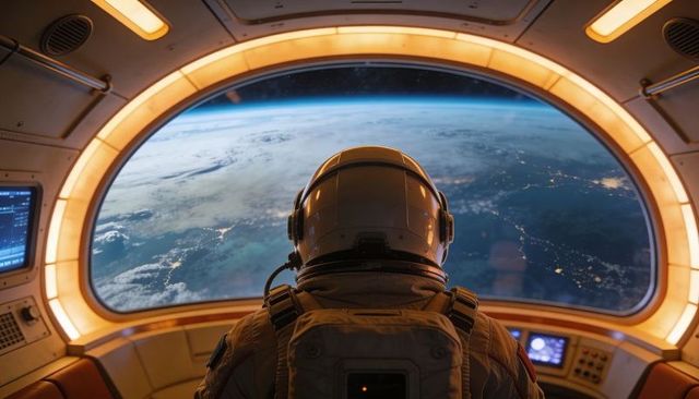 Astronaut gazing through capsule viewport over earth nightscape, futuristic cockpit
