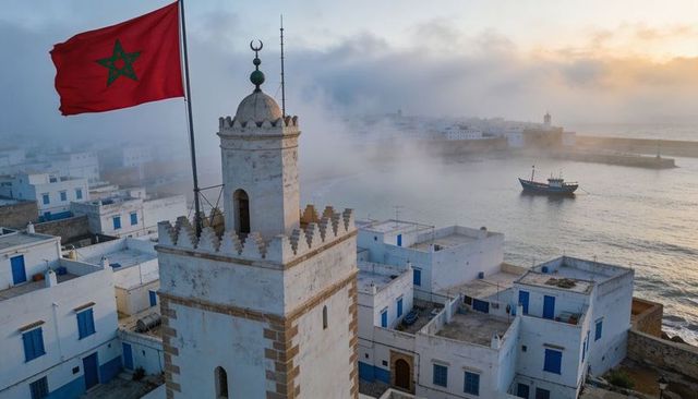 Sunrise mist over moroccan coastal medina with mosque minaret and national flag